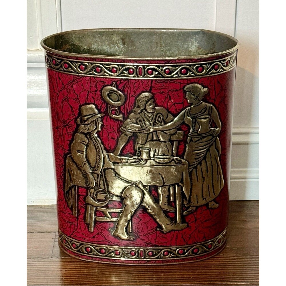 1960’s Trash Can Embossed Colonial Design Gold Metal Waste Basket Maroon Vintage